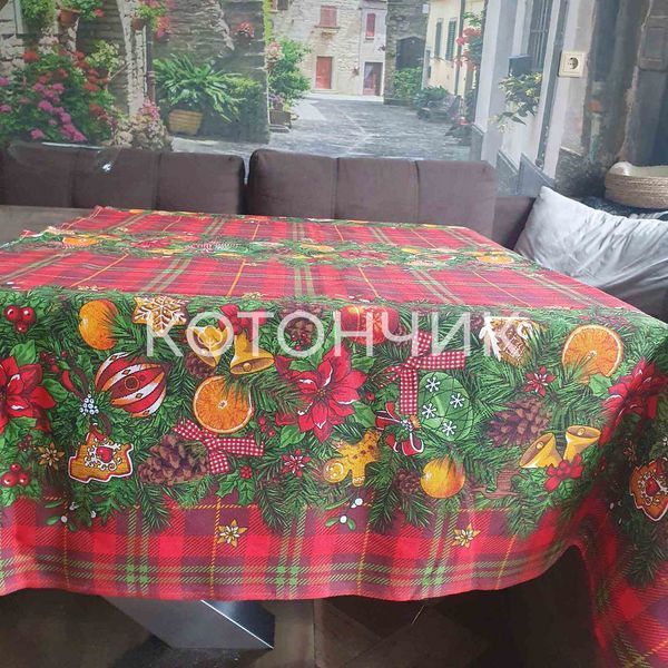 Новорічна скатертина з рогожки "Св'ятковий настрій", 110х150см 1560 фото КОТОНЧИК