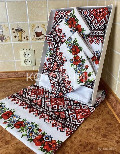 Подарочный набор скатерть в украинском стиле 150х220см+полотенца 6штук 35х70см "Вышивка с цветами" 1967 фото КОТОНЧИК