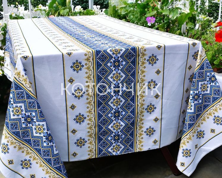 Подарунковий набір скатертина в українському стилі 150х180см+рушники 6штук 35х70см "Жовто-блакитний орнамент" 1975 фото КОТОНЧИК