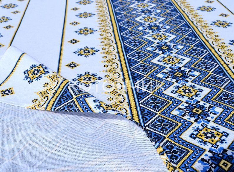 Подарунковий набір скатертина в українському стилі 150х180см+рушники 6штук 35х70см "Жовто-блакитний орнамент" 1975 фото КОТОНЧИК