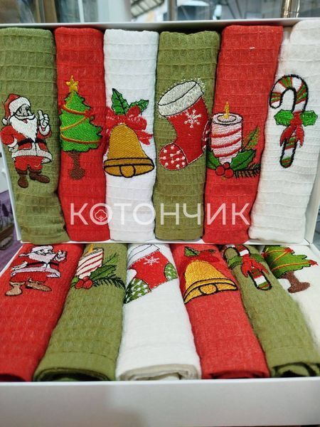 Вафельные новогодние полотенца, 6 штук, 40х60см, Турция 1497 фото КОТОНЧИК