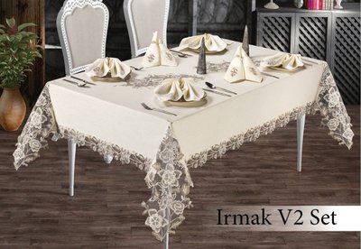 Турецька льняна скатертина з серветками Haspen Irmak V2 з мереживом, 160х220 см 1047 фото КОТОНЧИК