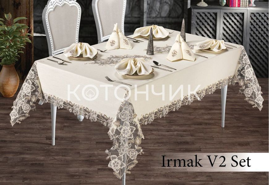 Турецька льняна скатертина з серветками Haspen Irmak V2 з мереживом, 160х220 см 1047 фото КОТОНЧИК