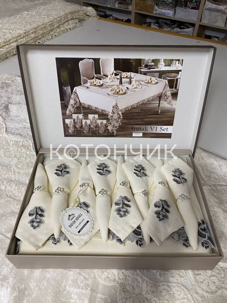 Турецька льняна скатертина з серветками Haspen Irmak V1 з мереживом, 160х220 см 1048 фото КОТОНЧИК
