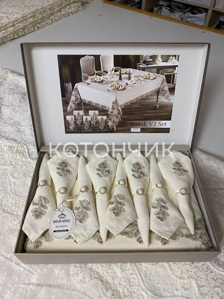 Турецька льняна скатертина з серветками Haspen Irmak V1 з мереживом, 160х220 см 1048 фото КОТОНЧИК