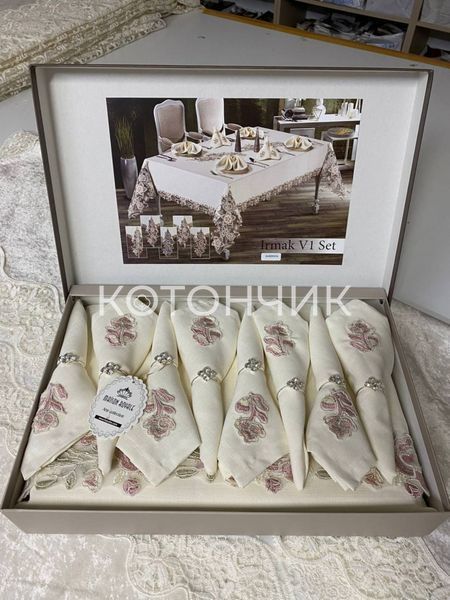 Турецька льняна скатертина з серветками Haspen Irmak V1 з мереживом, 160х220 см 1048 фото КОТОНЧИК