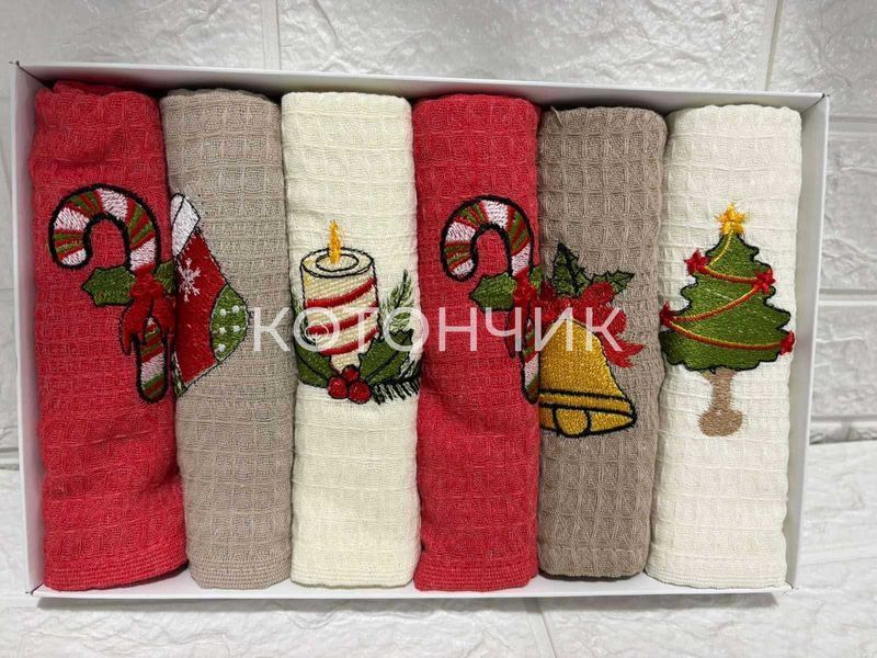 Вафельные новогодние полотенца, 6 штук, 40х60см, Турция 2391 фото КОТОНЧИК