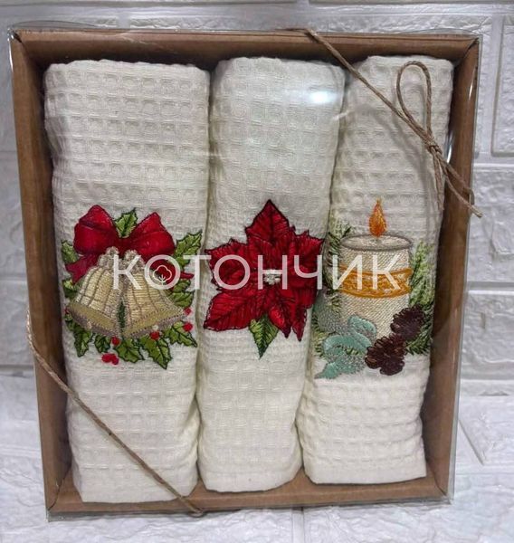 Вафельные новогодние полотенца, 3 штук, 40х60см, Турция 2395 фото КОТОНЧИК