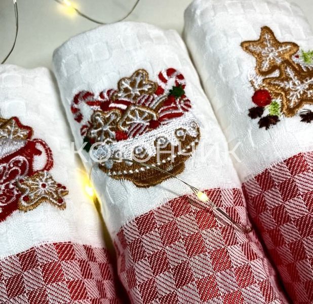 Новогодние кухонные вафельные полотенца 3 штуки Nilteks, 45х65см 1556 фото КОТОНЧИК