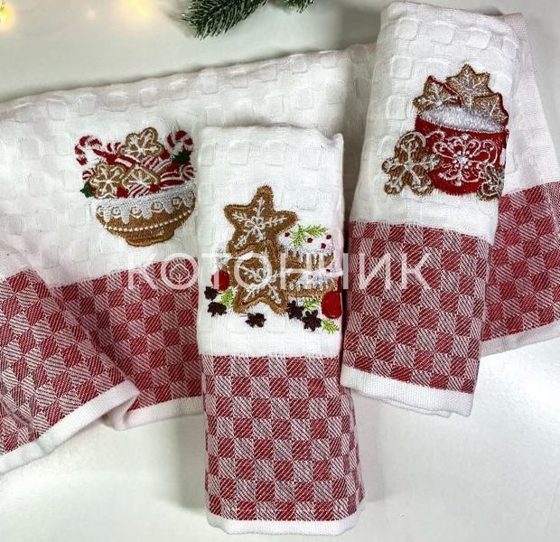 Новогодние кухонные вафельные полотенца 3 штуки Nilteks, 45х65см 1556 фото КОТОНЧИК