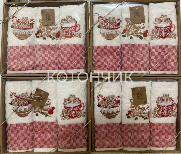 Новогодние кухонные вафельные полотенца 3 штуки Nilteks, 45х65см 1556 фото КОТОНЧИК