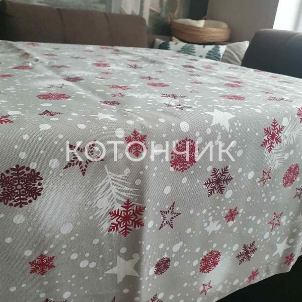 Новорічна скатертина з рогожки Сірі сніжинки 110х150см 2407 фото КОТОНЧИК